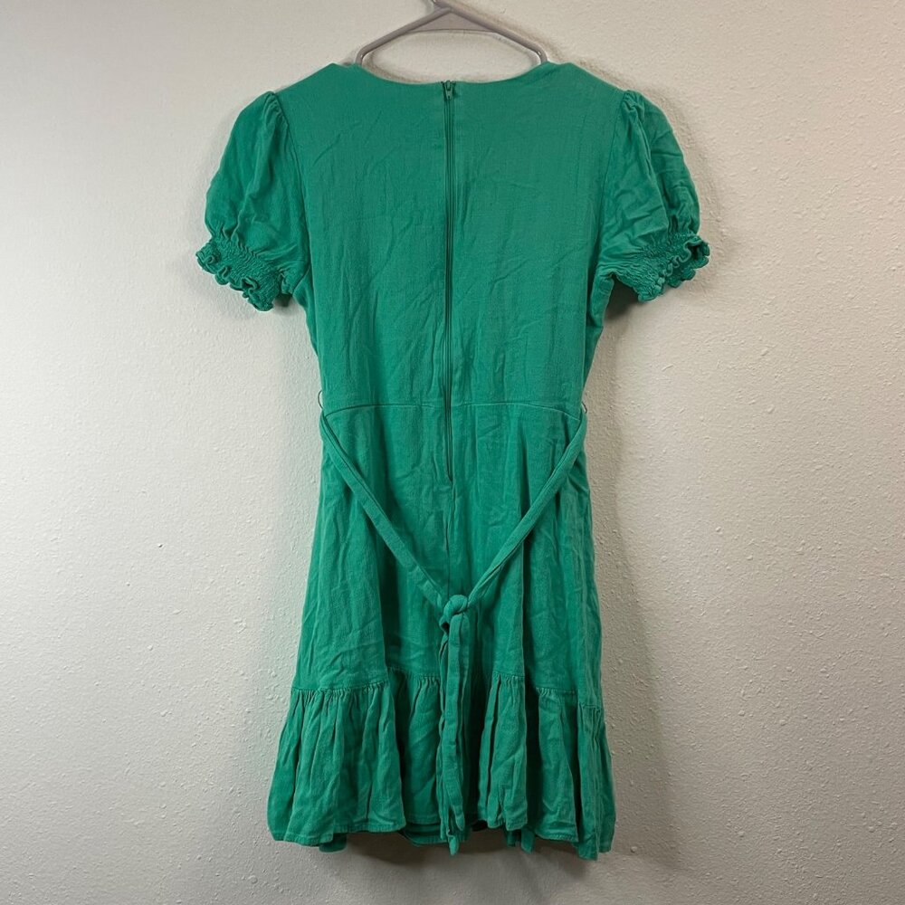 Girls Green Puff Sleeve Wrap Dress With Ruffled Hem & Belt by GB Girls - Picture 8 of 15